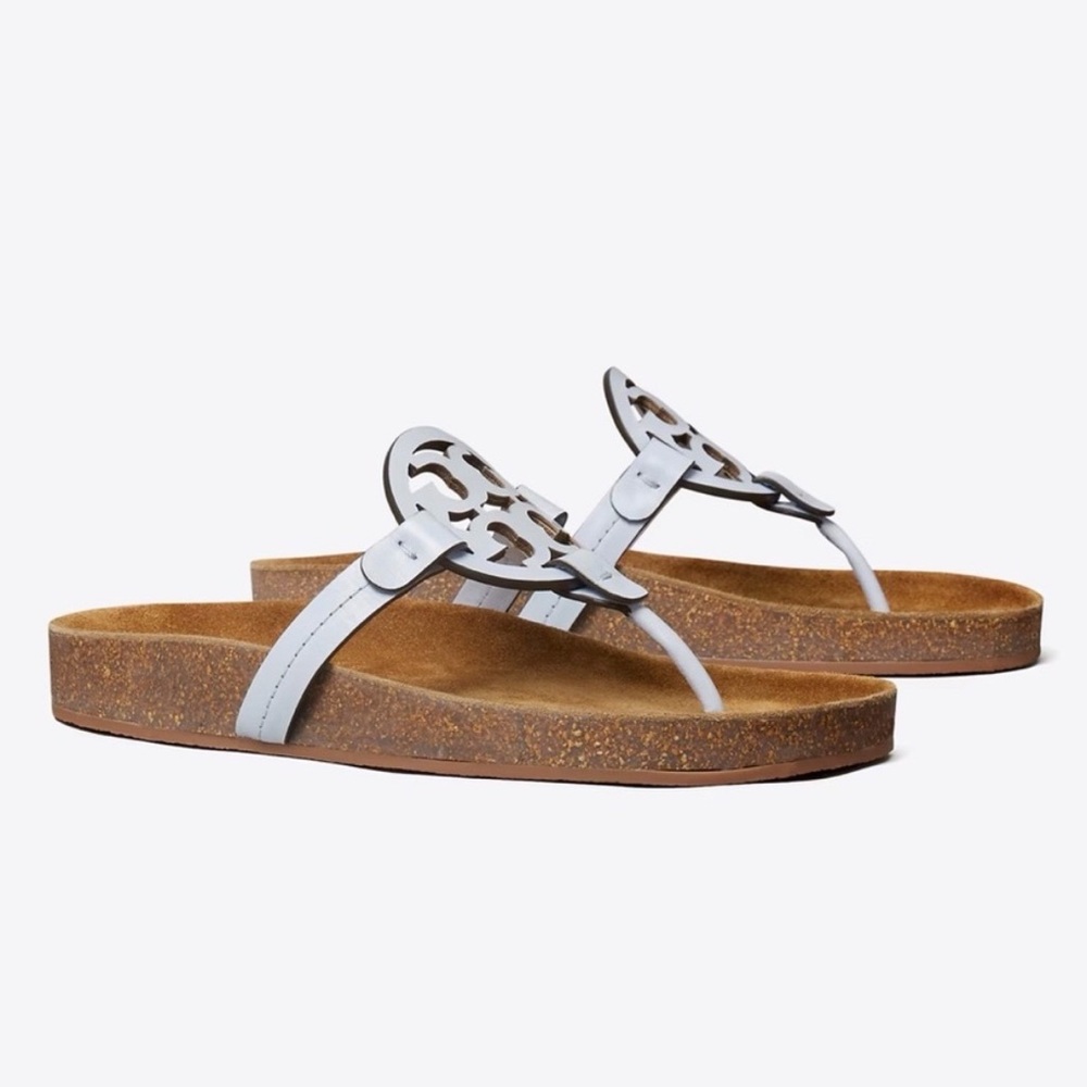 Tory Burch Miller Pale Blue Logo Thong Sandals Sz 8 Comfort Orthotic Cork Sole - Picture 10 of 10